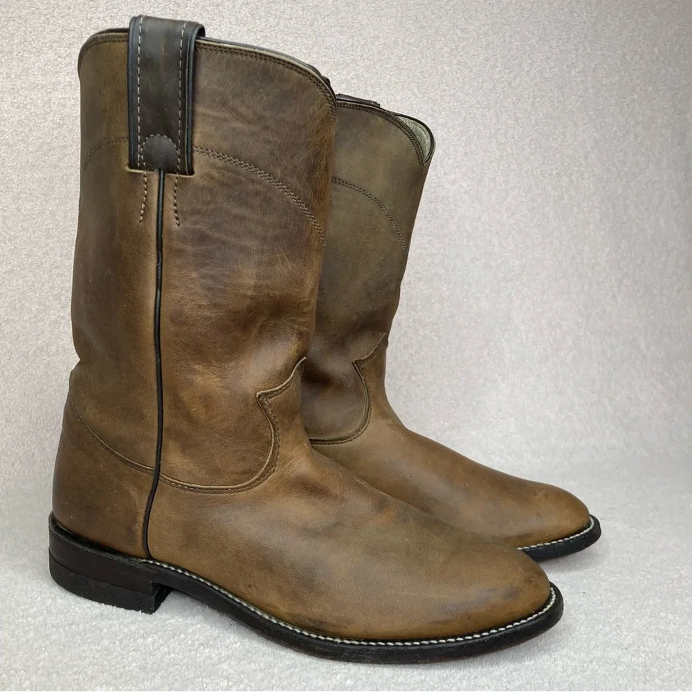 Justin Leather Western Cowboy Roper Boots Women’s 7.5 Brown Southwestern Rodeo - Picture 1 of 14